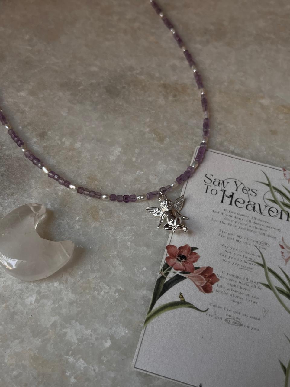 Amethyst & Fresh Water Rice Pearl Natural Crystal With Cherub Angel Charm 925 Sterling Silver Choker Necklace