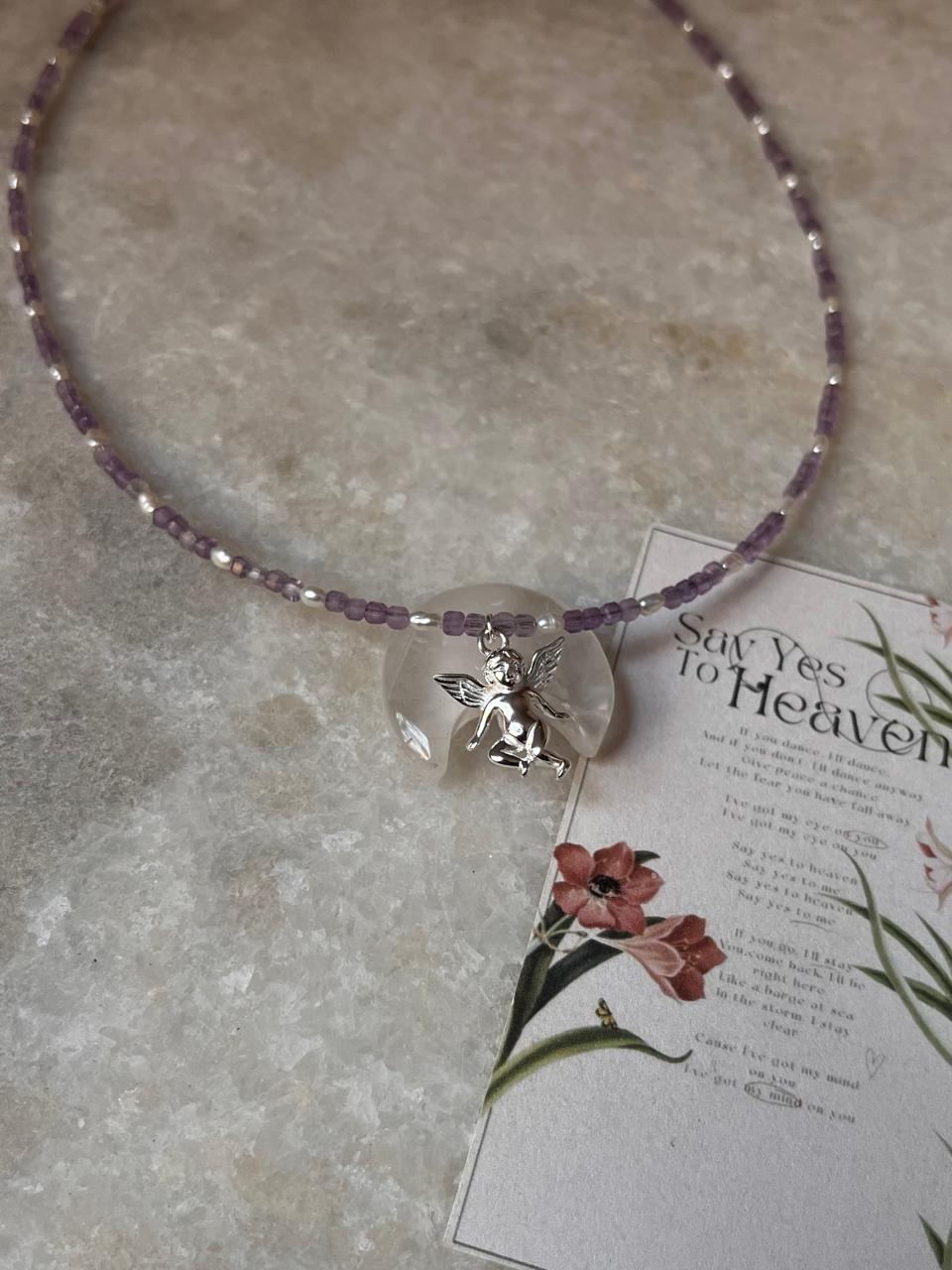 Amethyst & Fresh Water Rice Pearl Natural Crystal With Cherub Angel Charm 925 Sterling Silver Choker Necklace