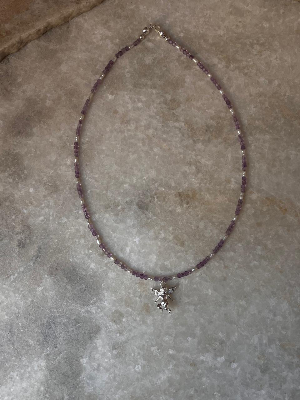 Amethyst & Fresh Water Rice Pearl Natural Crystal With Cherub Angel Charm 925 Sterling Silver Choker Necklace