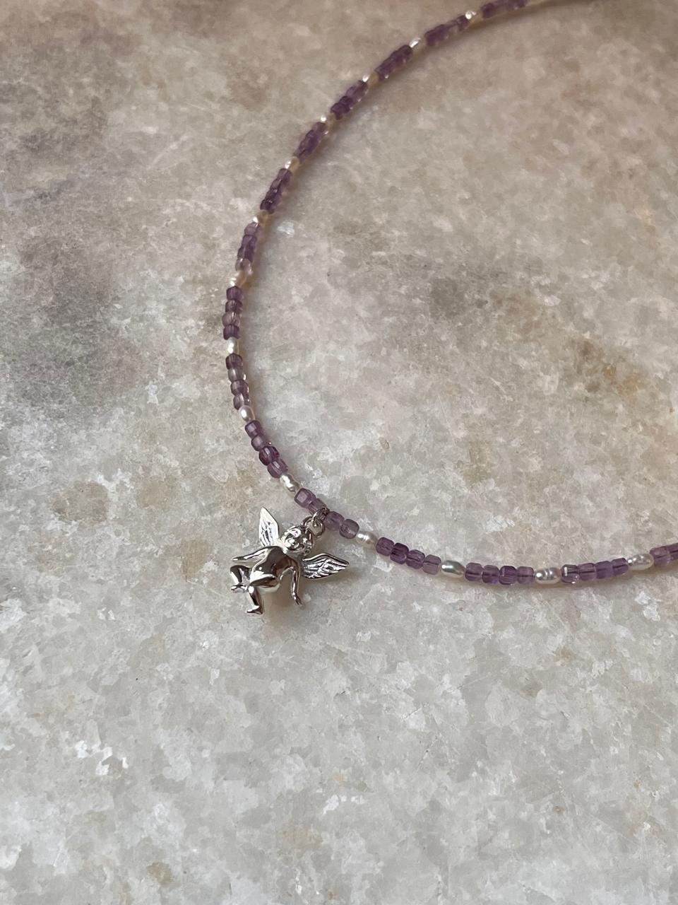 Amethyst & Fresh Water Rice Pearl Natural Crystal With Cherub Angel Charm 925 Sterling Silver Choker Necklace