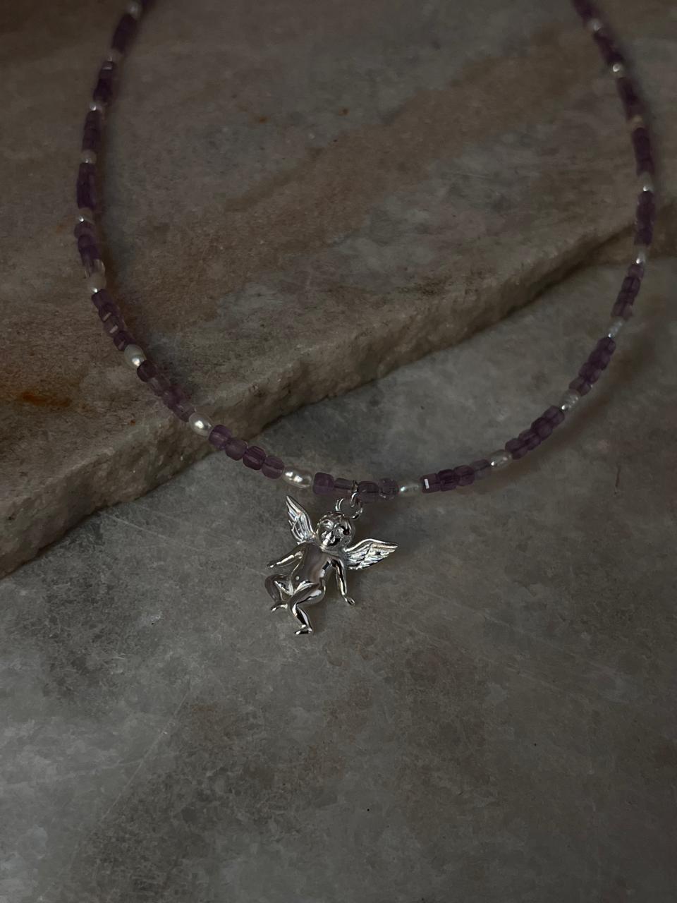 Amethyst & Fresh Water Rice Pearl Natural Crystal With Cherub Angel Charm 925 Sterling Silver Choker Necklace