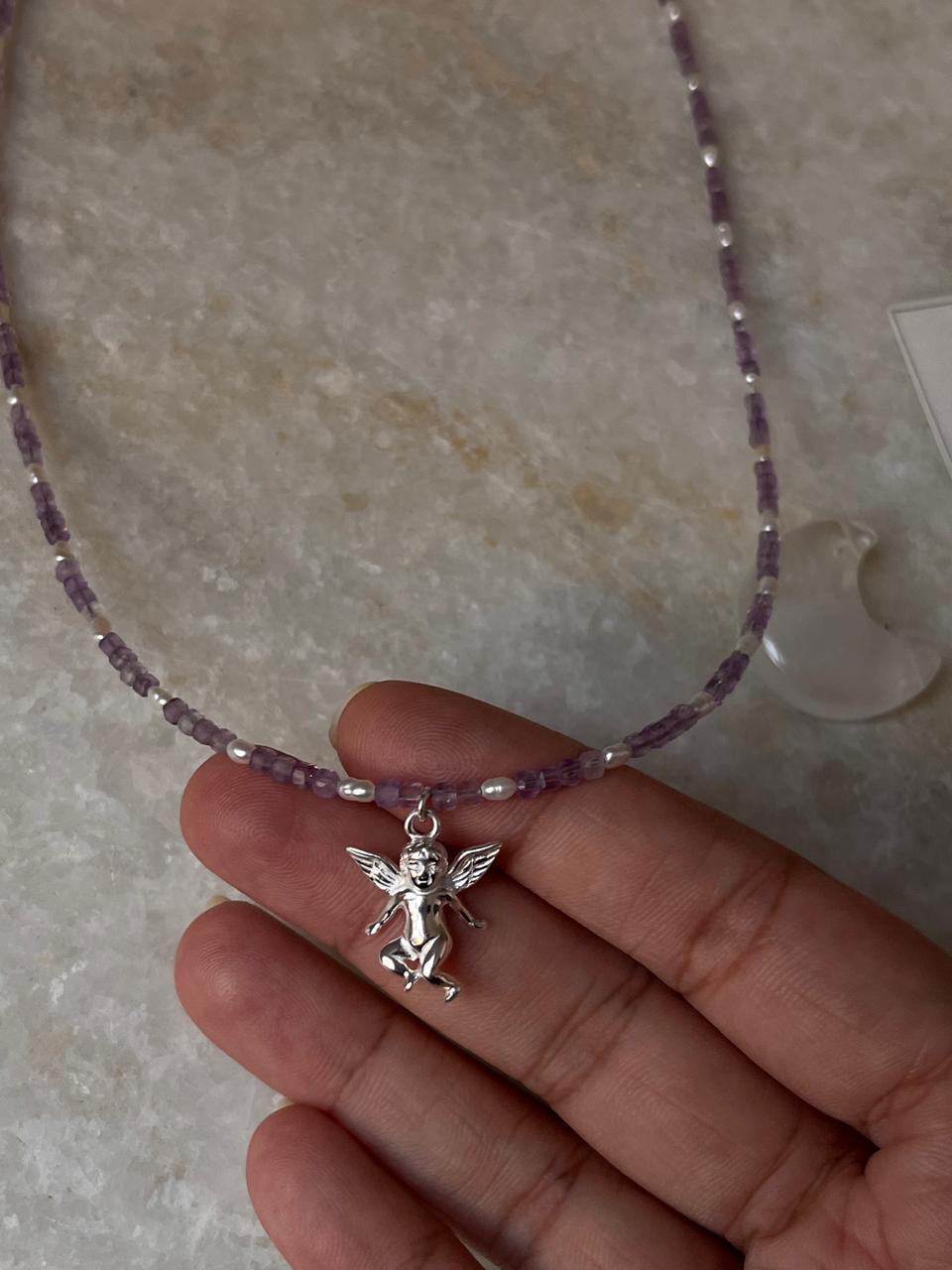 Amethyst & Fresh Water Rice Pearl Natural Crystal With Cherub Angel Charm 925 Sterling Silver Choker Necklace