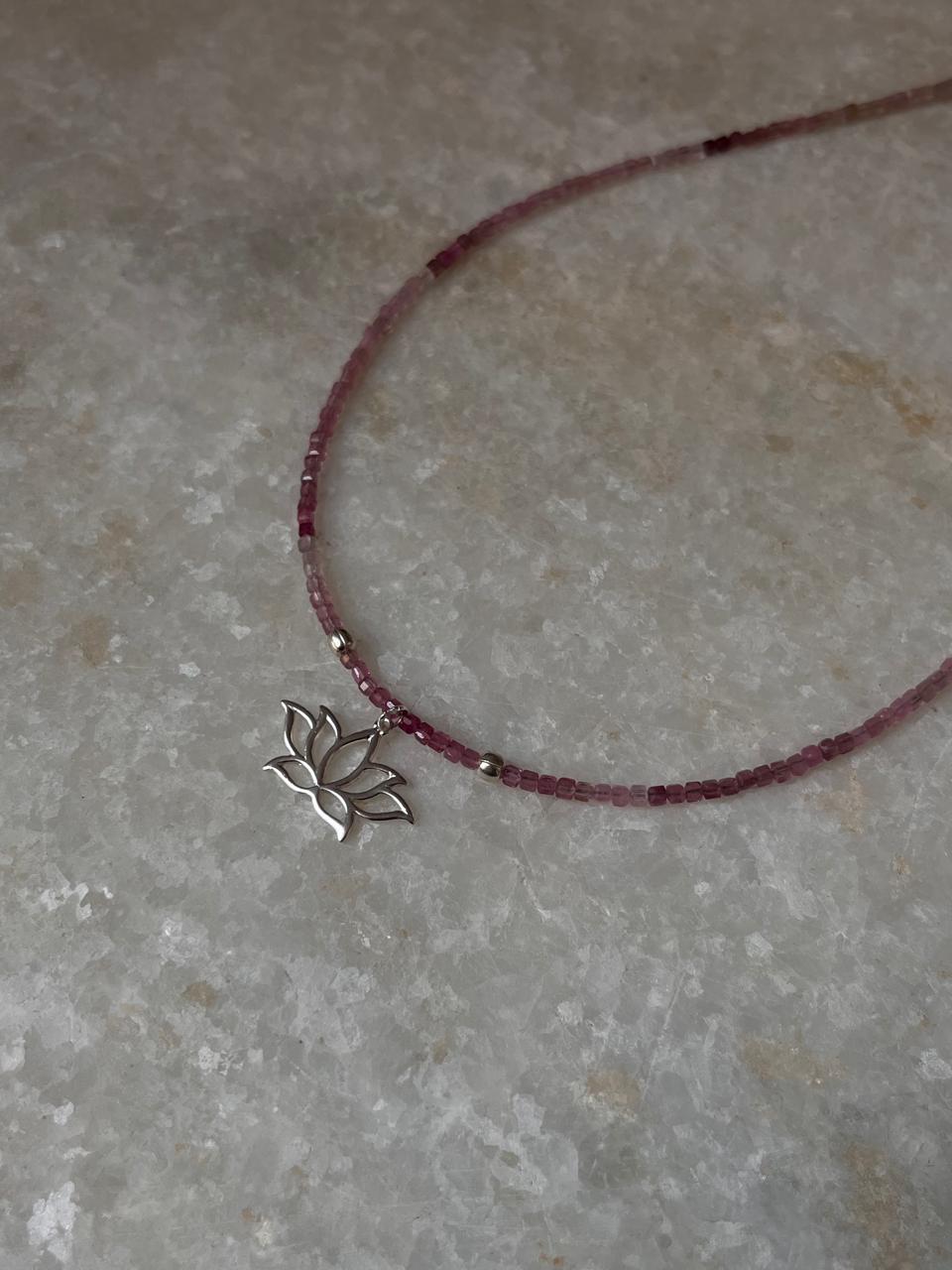 Pink Tourmaline Natural Crystal With Lotus Charm 925 Sterling Silver Choker Necklace