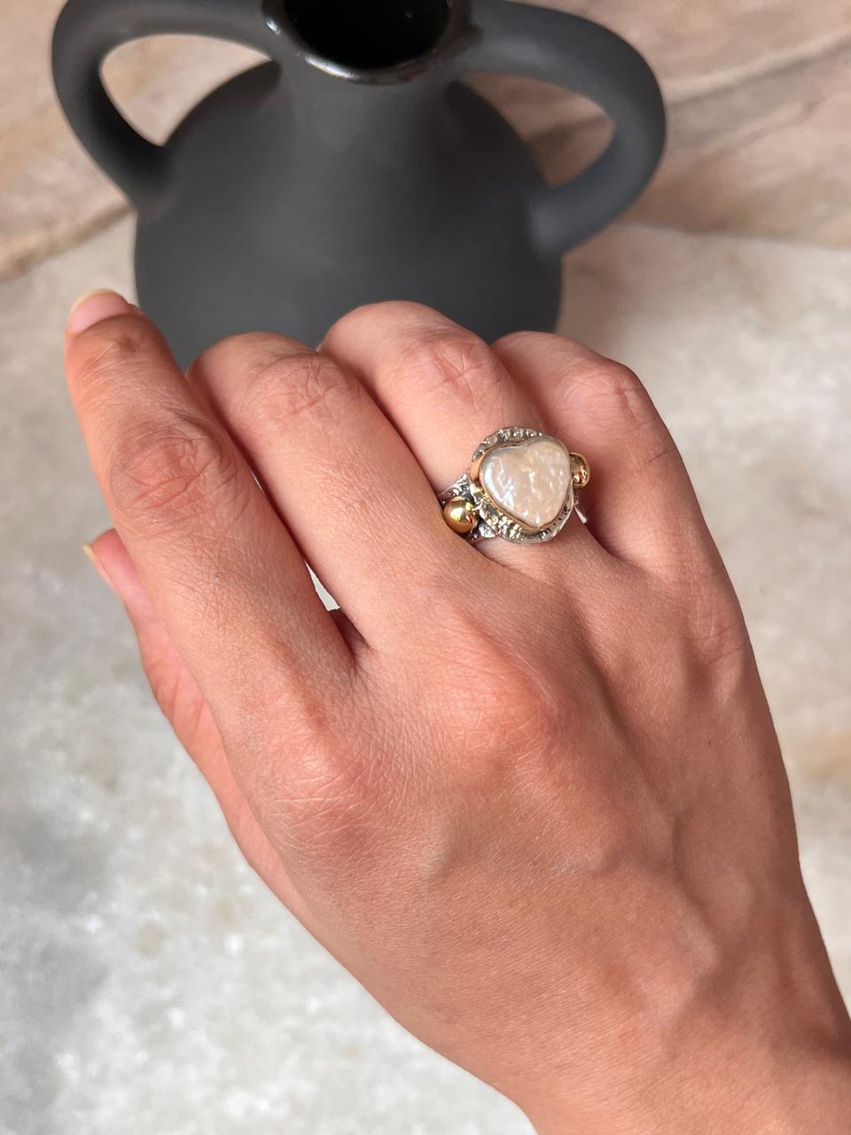 Baroque Pearl Heart Rustic Fusion Handcrafted 925 Sterling Silver Ring