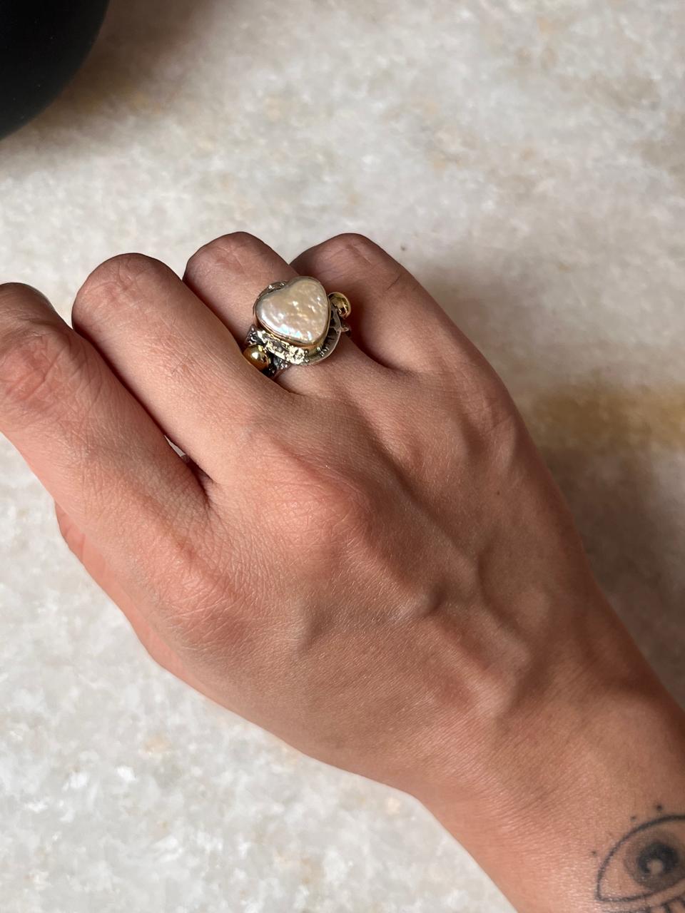 Baroque Pearl Heart Rustic Fusion Handcrafted 925 Sterling Silver Ring