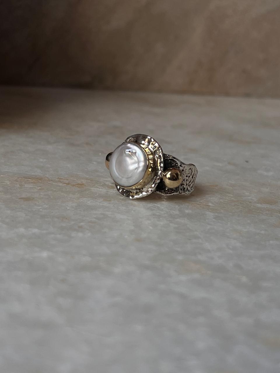Baroque Pearl Round Rustic Fusion Handcrafted 925 Sterling Silver Ring