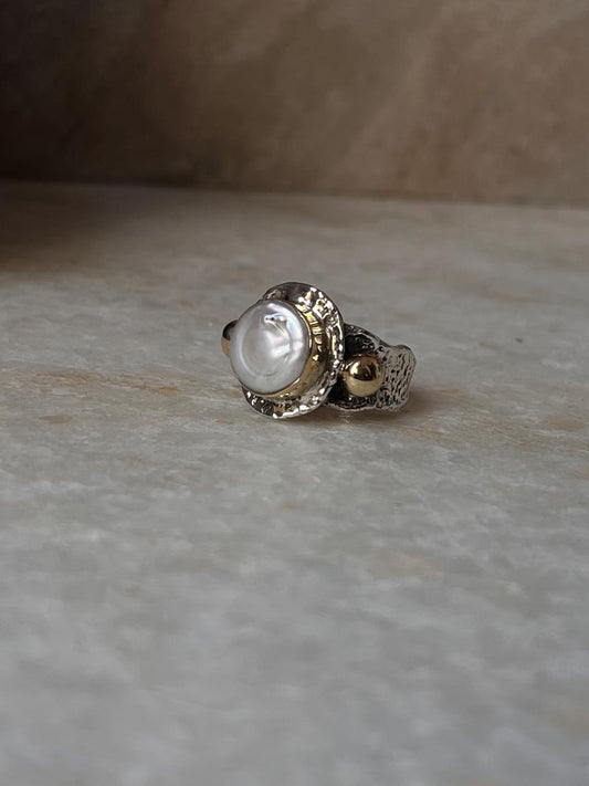 Baroque Pearl Round Rustic Fusion Handcrafted 925 Sterling Silver Ring
