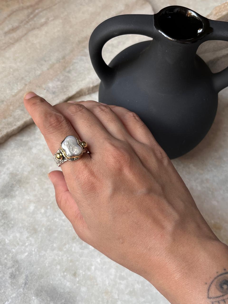 Baroque Pearl Rustic Fusion Handcrafted 925 Sterling Silver Ring