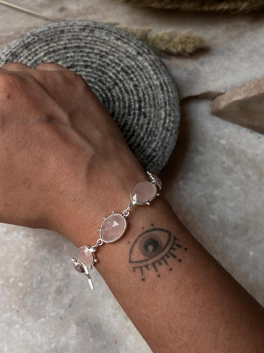 Boho style Rawa rose quartz bracelet 925 sterling silver jewelry  