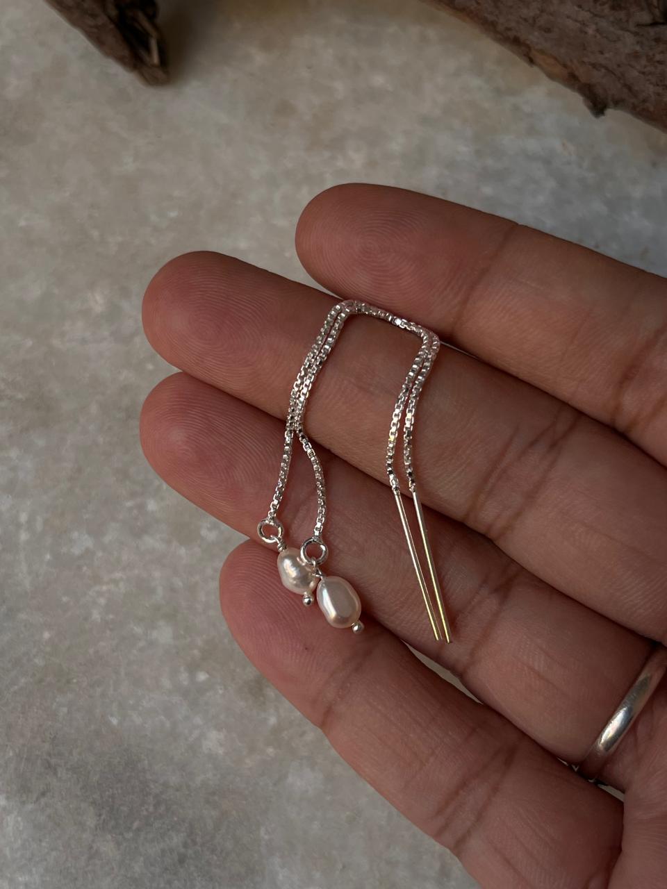 Fresh Water Pearl Handcrafted Threader/Sui Dhaga 925 Sterling Silver Earrings
