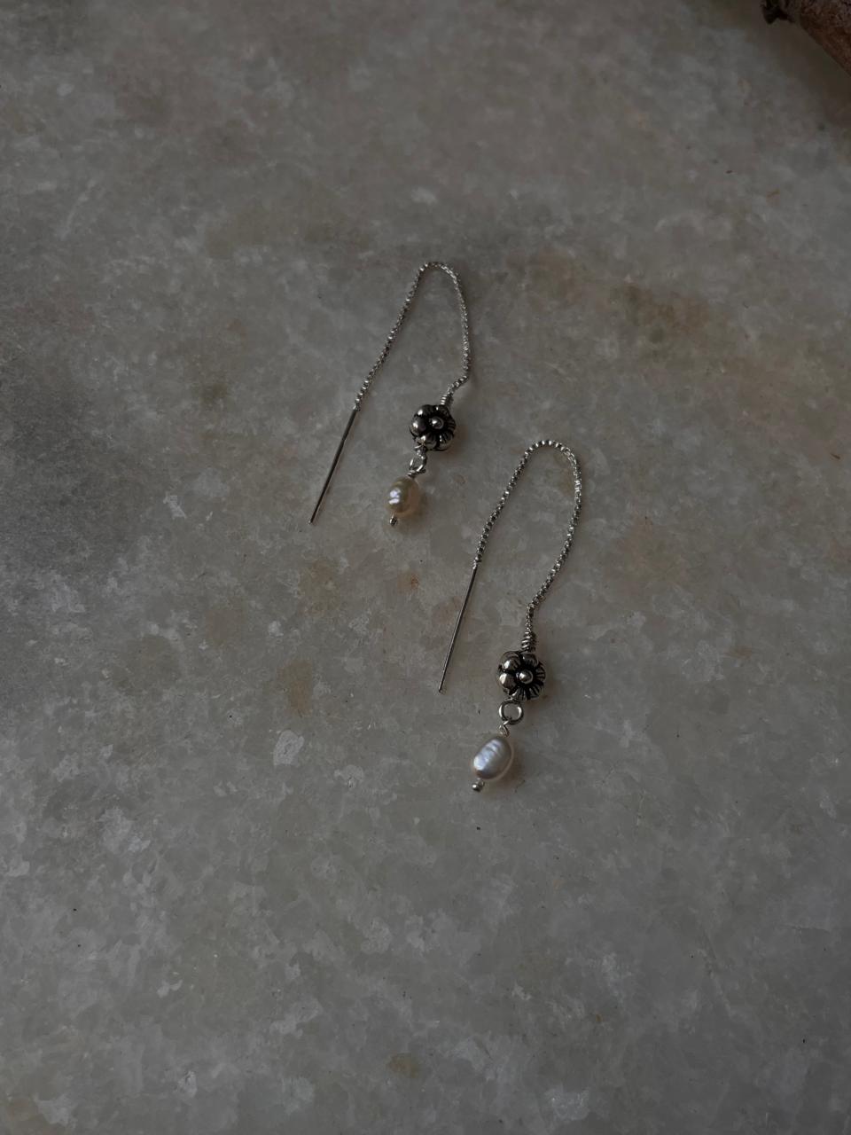 Blossom Flower & Fresh Water Pearl Charm Handcrafted Threader/Sui Dhaga 925 Sterling Silver Earrings