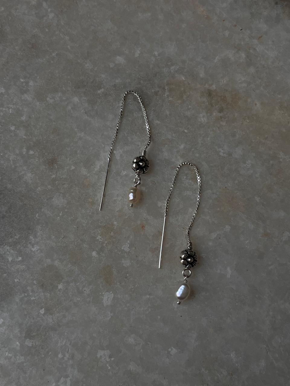 Blossom Flower & Fresh Water Pearl Charm Handcrafted Threader/Sui Dhaga 925 Sterling Silver Earrings