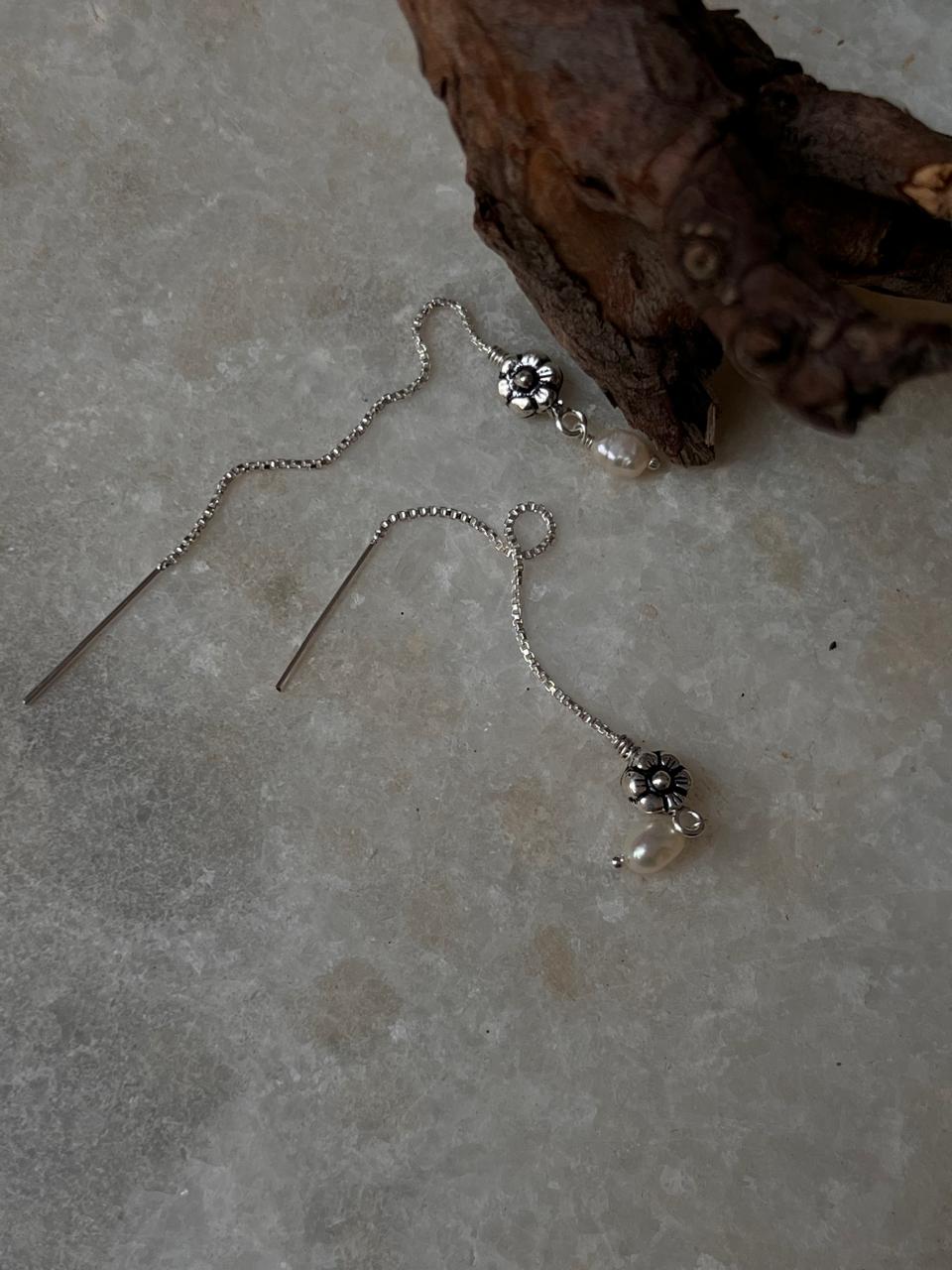 Blossom Flower & Fresh Water Pearl Charm Handcrafted Threader/Sui Dhaga 925 Sterling Silver Earrings