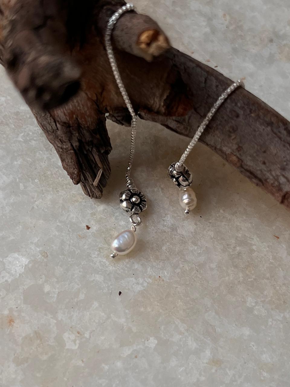 Blossom Flower & Fresh Water Pearl Charm Handcrafted Threader/Sui Dhaga 925 Sterling Silver Earrings