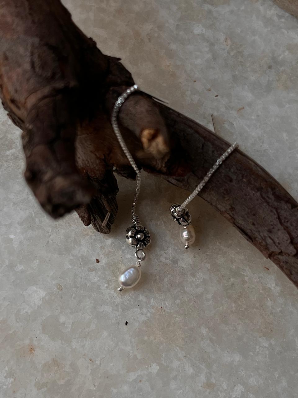 Blossom Flower & Fresh Water Pearl Charm Handcrafted Threader/Sui Dhaga 925 Sterling Silver Earrings