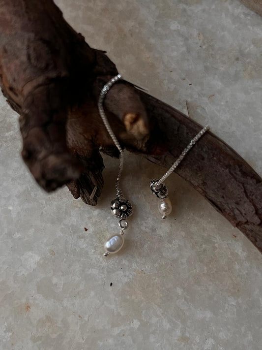 Blossom flower and freshwater pearl 925 sterling silver threader earrings