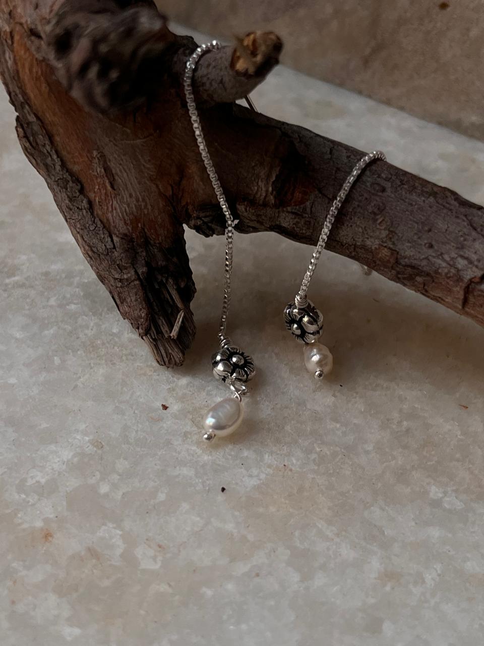 Blossom Flower & Fresh Water Pearl Charm Handcrafted Threader/Sui Dhaga 925 Sterling Silver Earrings