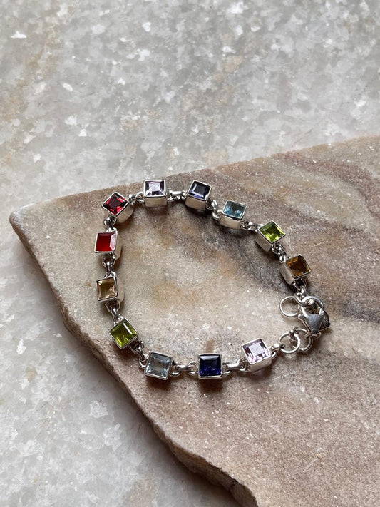 Seven Chakra Square 925 Sterling Silver Bracelet
