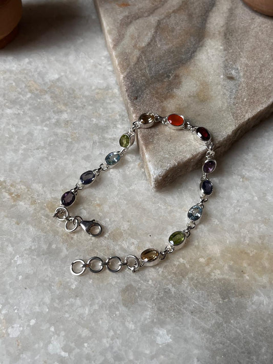 Seven Chakra Oval Gemstone Bracelet in 925 Sterling Silver  