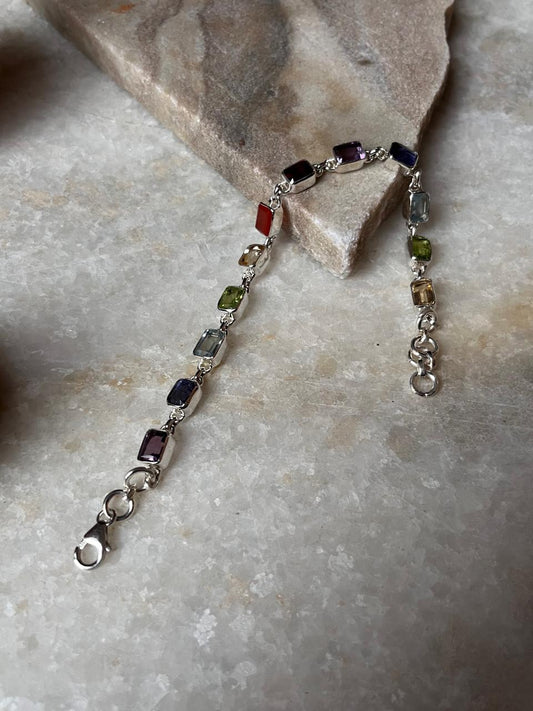 Seven Chakra Rectangle Gemstone Bracelet in 925 Sterling Silver  
