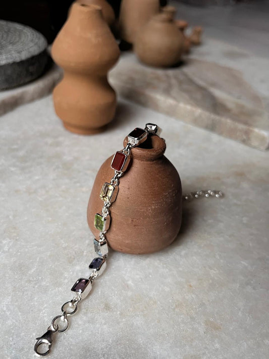 925 sterling silver Chakra Bracelet with Rectangle-Shaped Gemstones