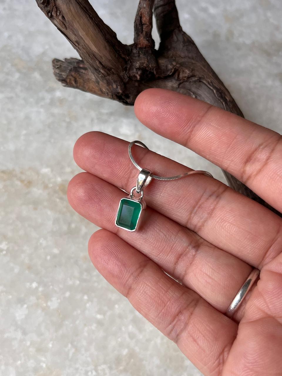 Minimalist Green Onyx Rectangular Pendant in 925 Silver