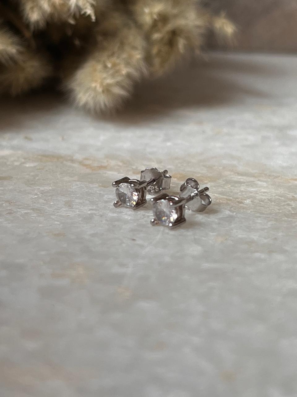 925 Silver Round CZ Push Back Earrings 4mm