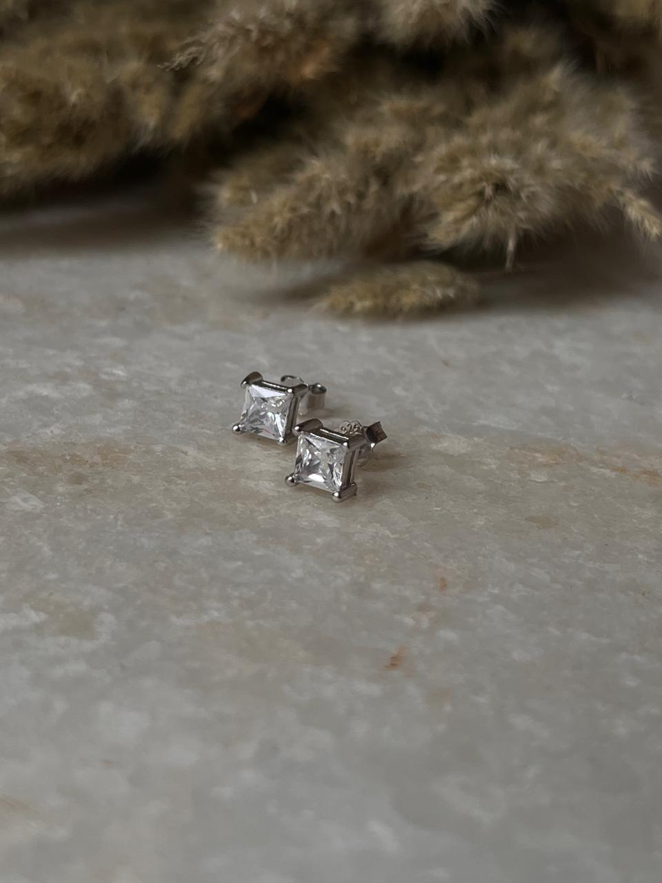 Square CZ 6mm Stud Earrings with Push Back in 925 Sterling Silver  