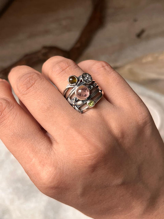 Green Tourmaline, Peridot, & Pink Tourmaline Dragonfly Forest Band 925 Sterling Silver Ring