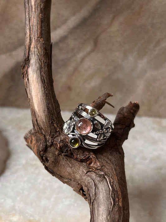 Green Tourmaline, Peridot, & Pink Tourmaline Dragonfly Forest Band 925 Sterling Silver Ring