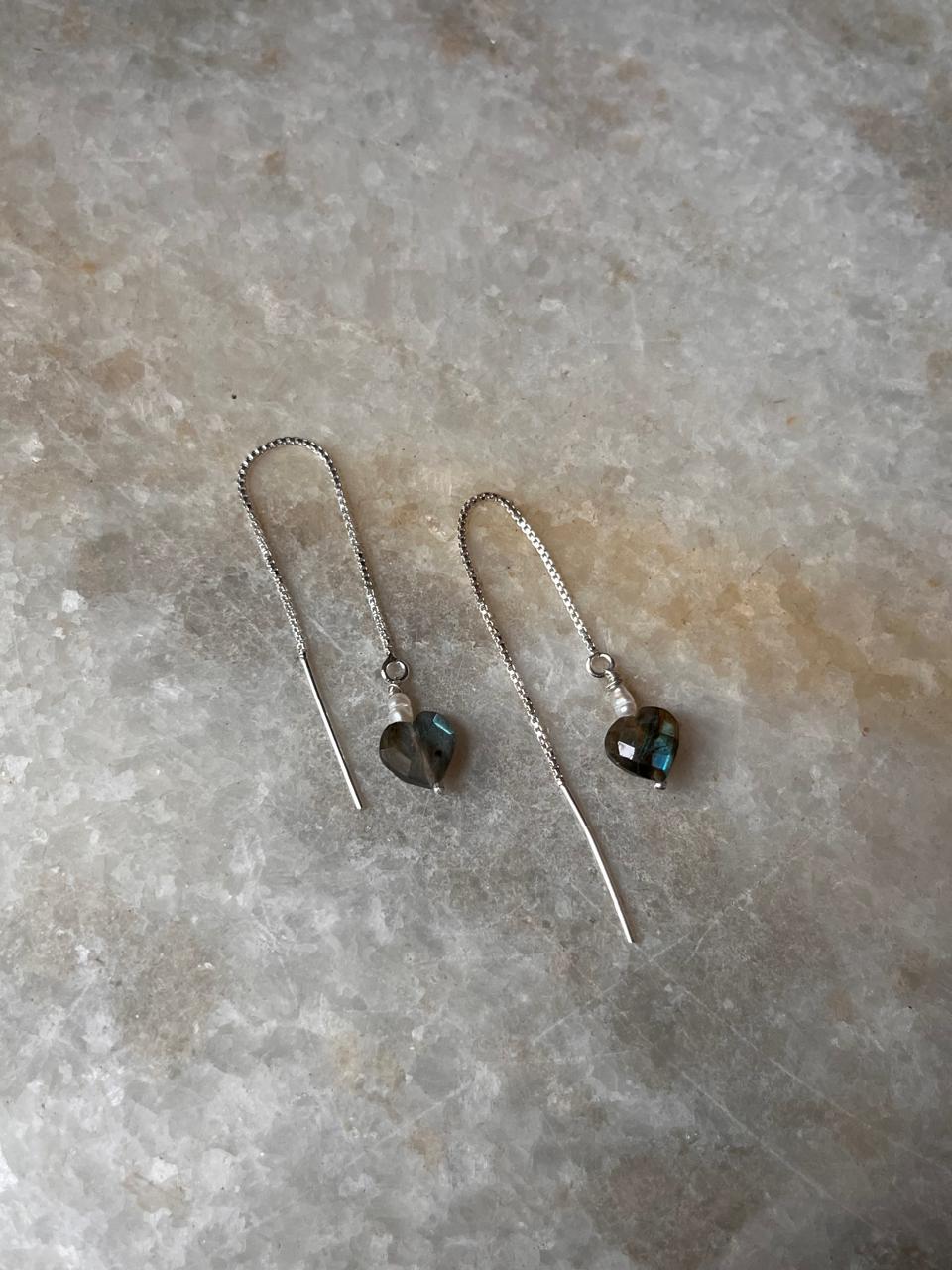 Long threader earrings with labradorite heart and freshwater pearls