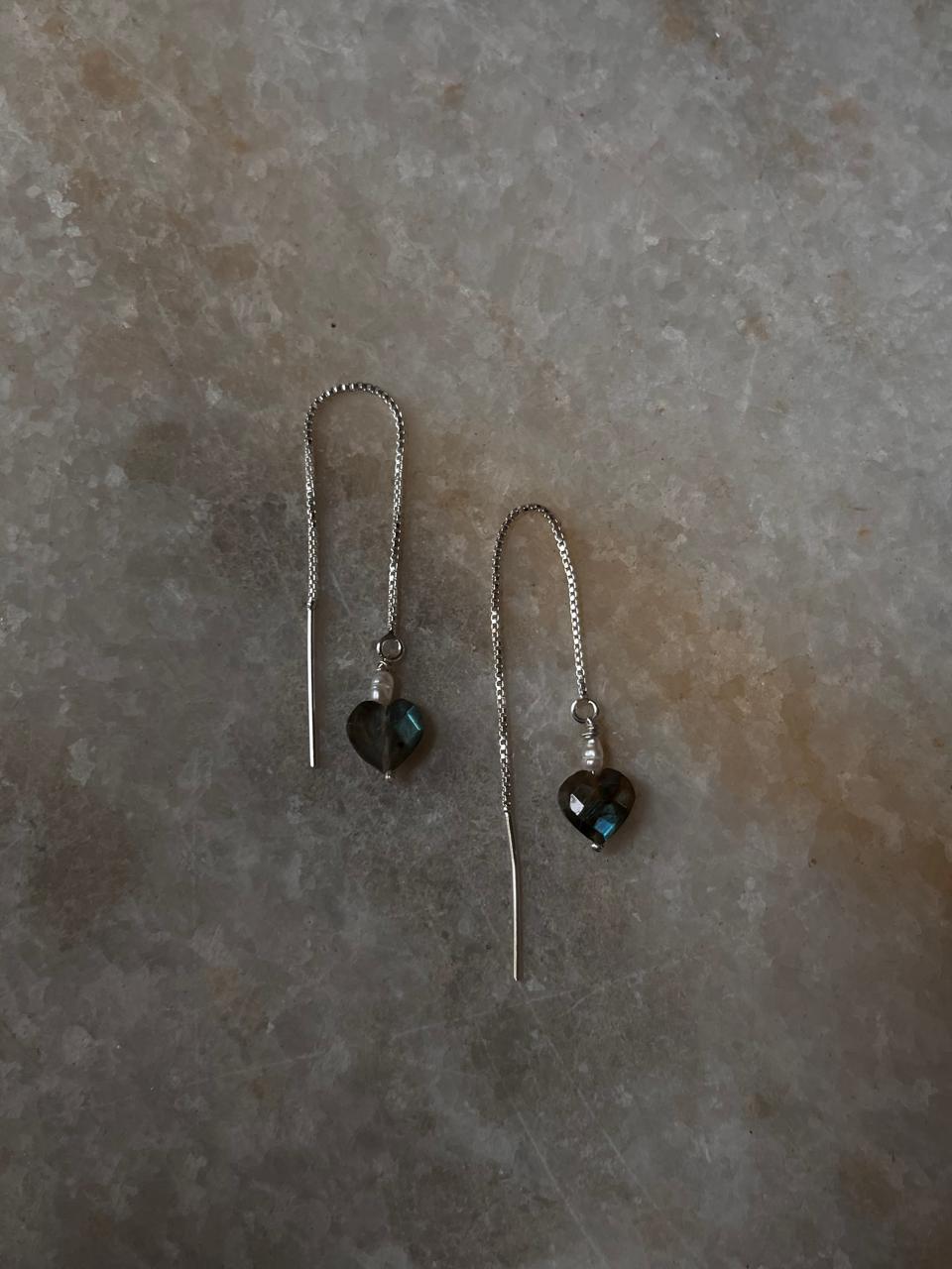 Threader earrings featuring labradorite heart and freshwater pearls
