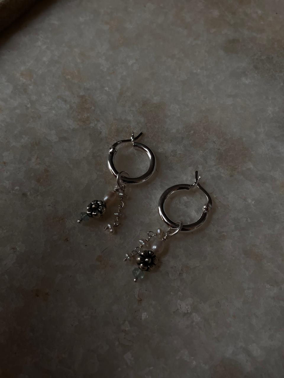 Removable floral charm earrings with pearls and aquamarine