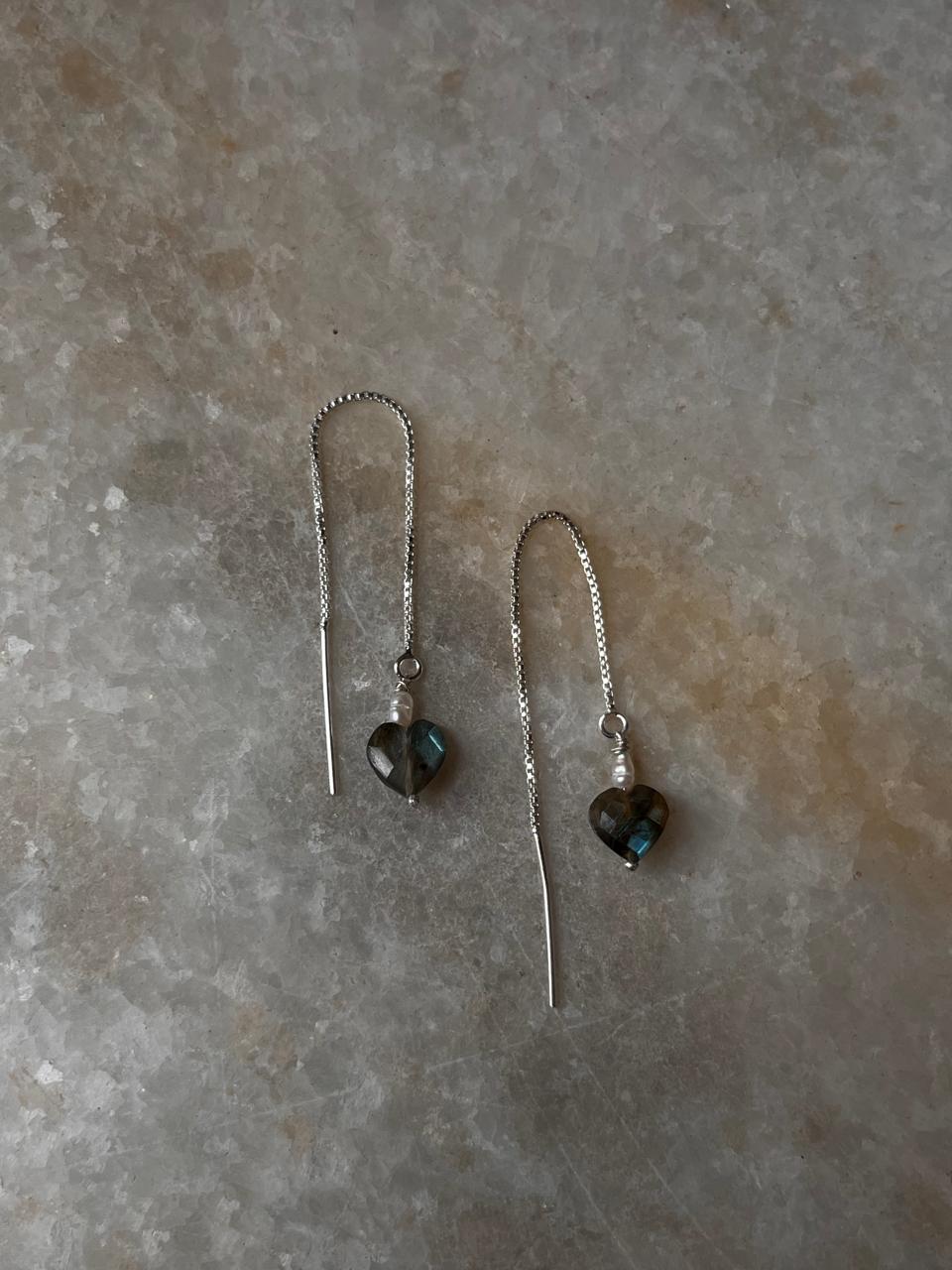 Sterling silver Sui Dhaga earrings with labradorite heart and pearls  
