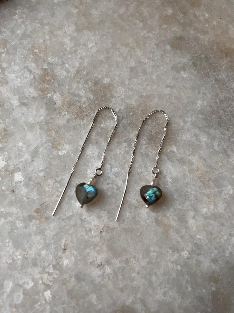 925 silver Sui Dhaga earrings with labradorite and pearl drops  