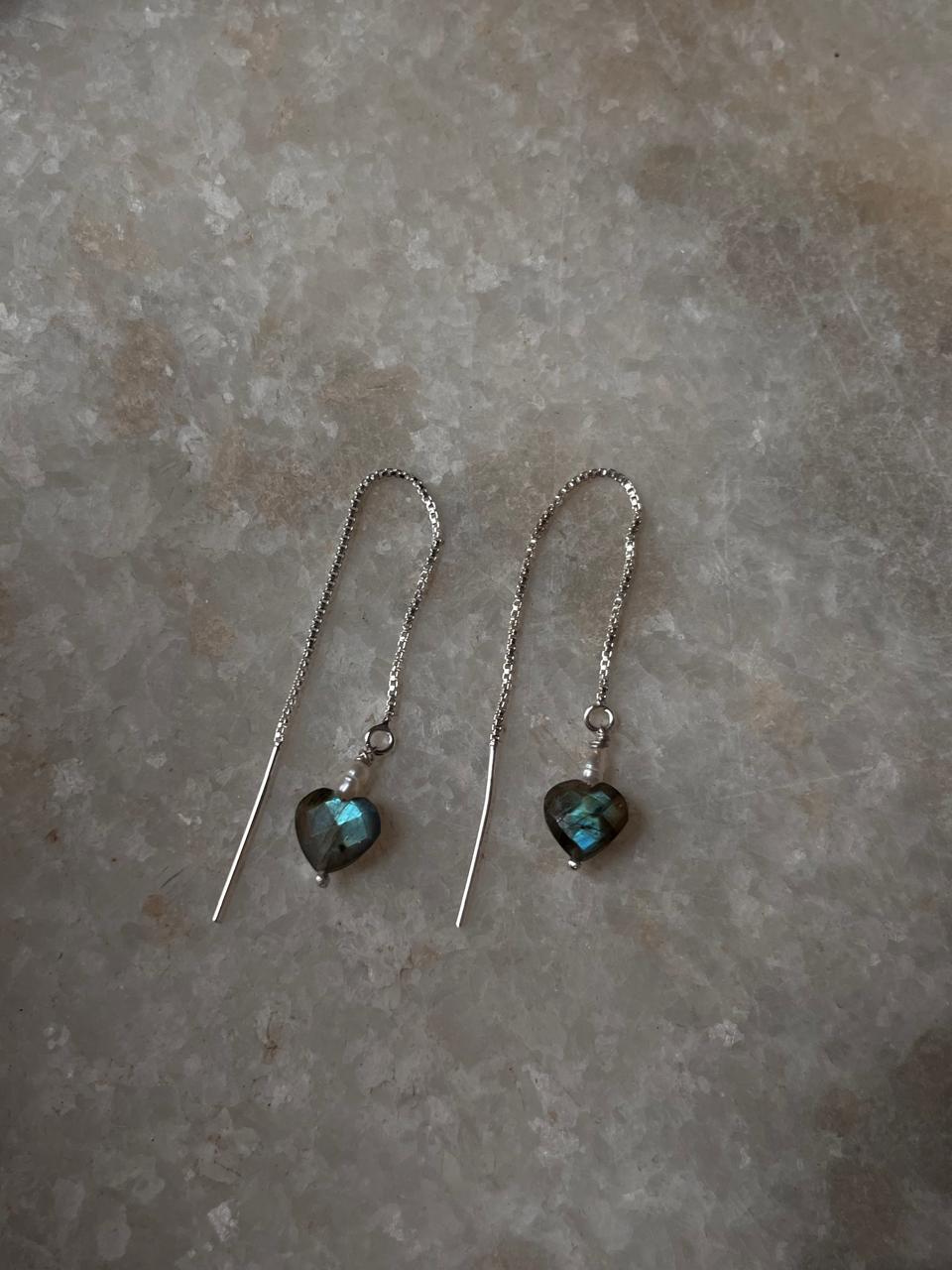 Minimalist silver threader earrings with labradorite heart accents