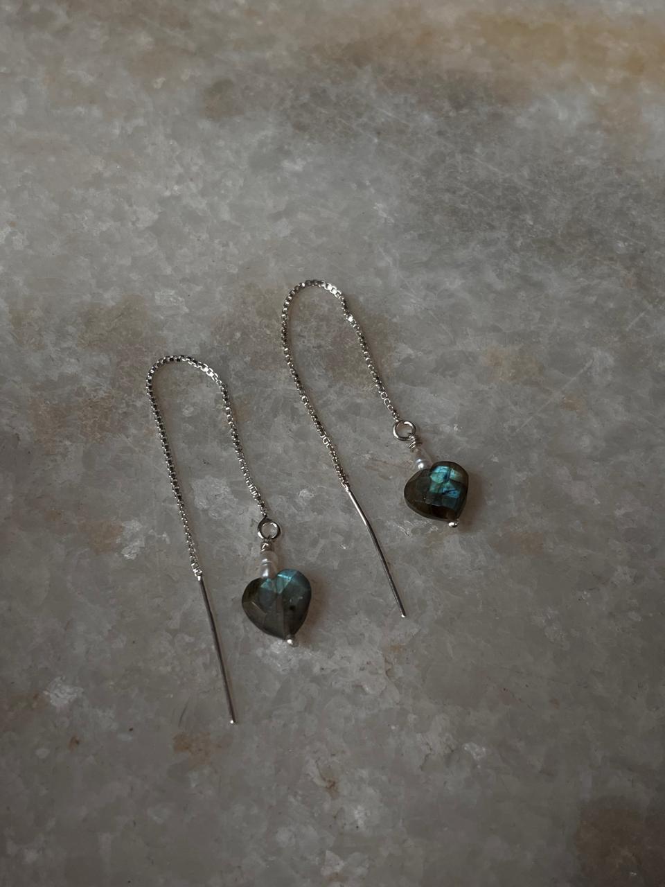Handcrafted threader earrings with pearls and labradorite heart charm
