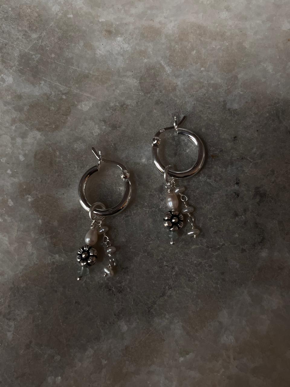 Freshwater pearl and aquamarine removable charm silver hoops