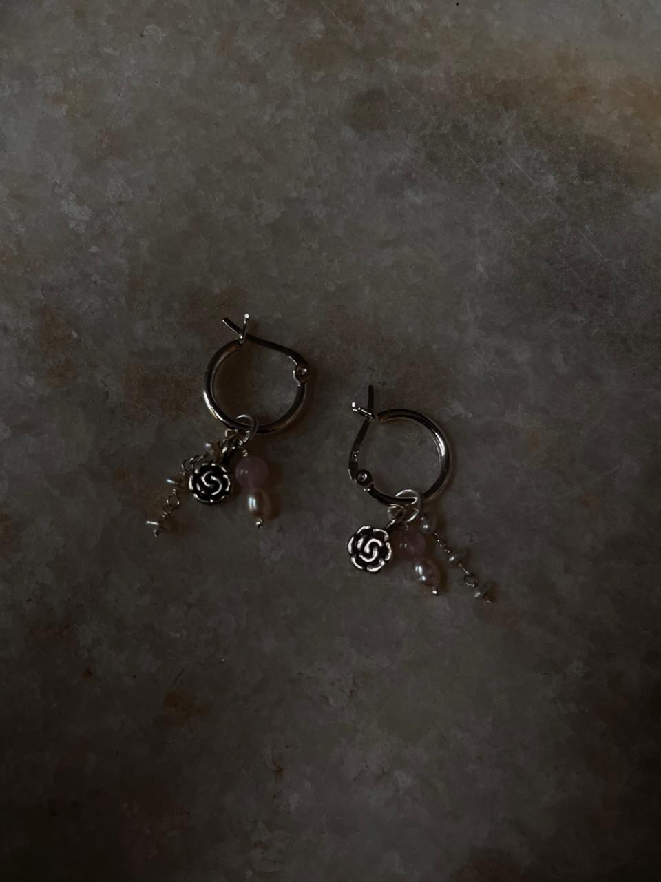 Handcrafted Italian hoops with rose quartz, pearl, and silver rose beads