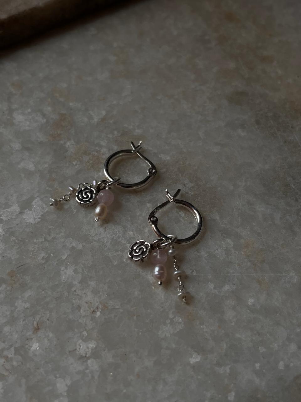 925 sterling silver hoop earrings with rose beads and pearl accents  