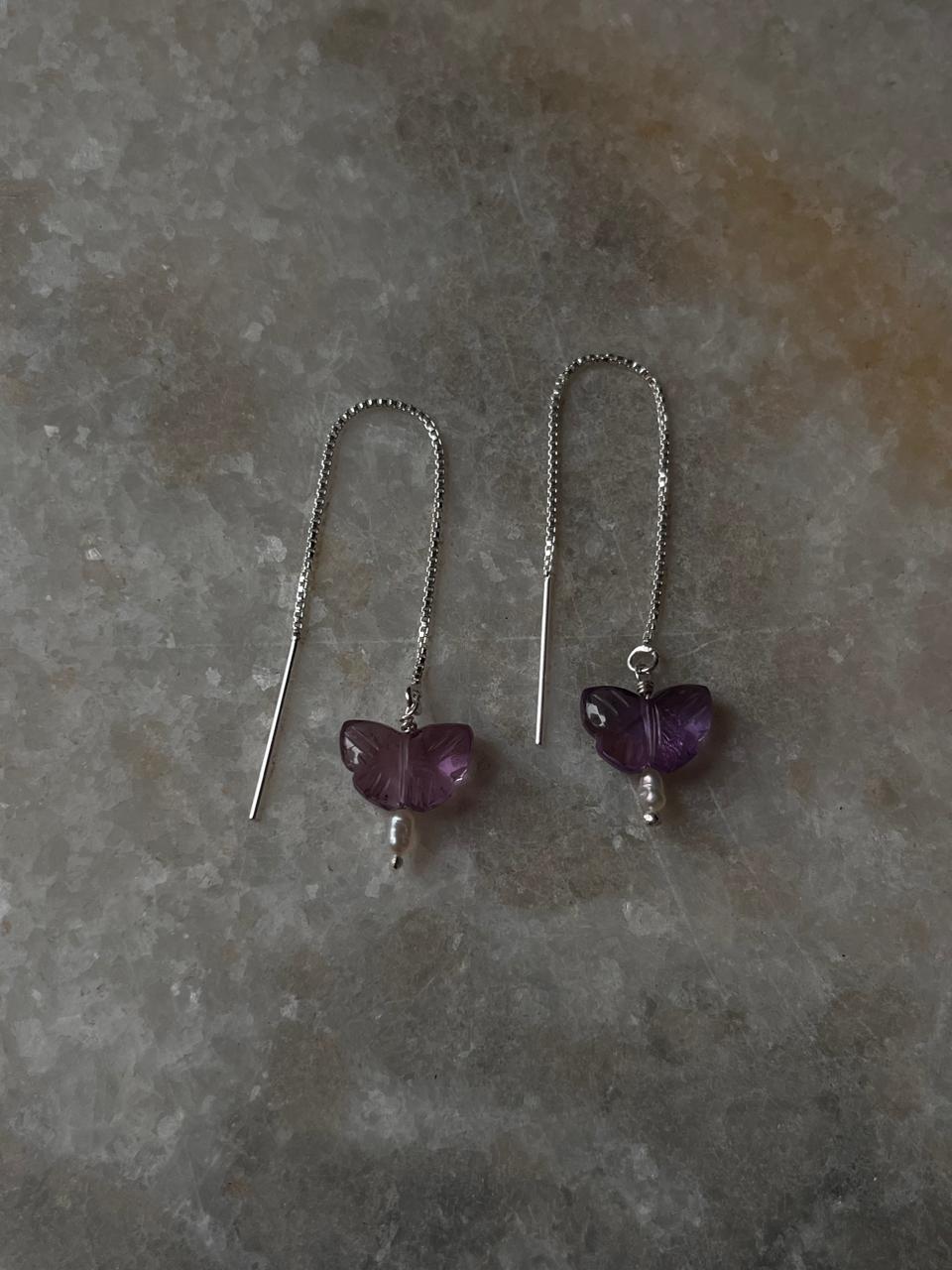 Handcrafted silver threader earrings with butterfly and pearl  