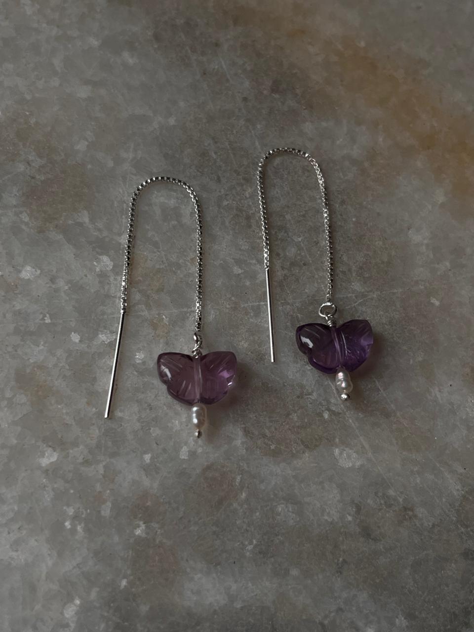 Long dangle earrings with amethyst butterfly and freshwater pearl 