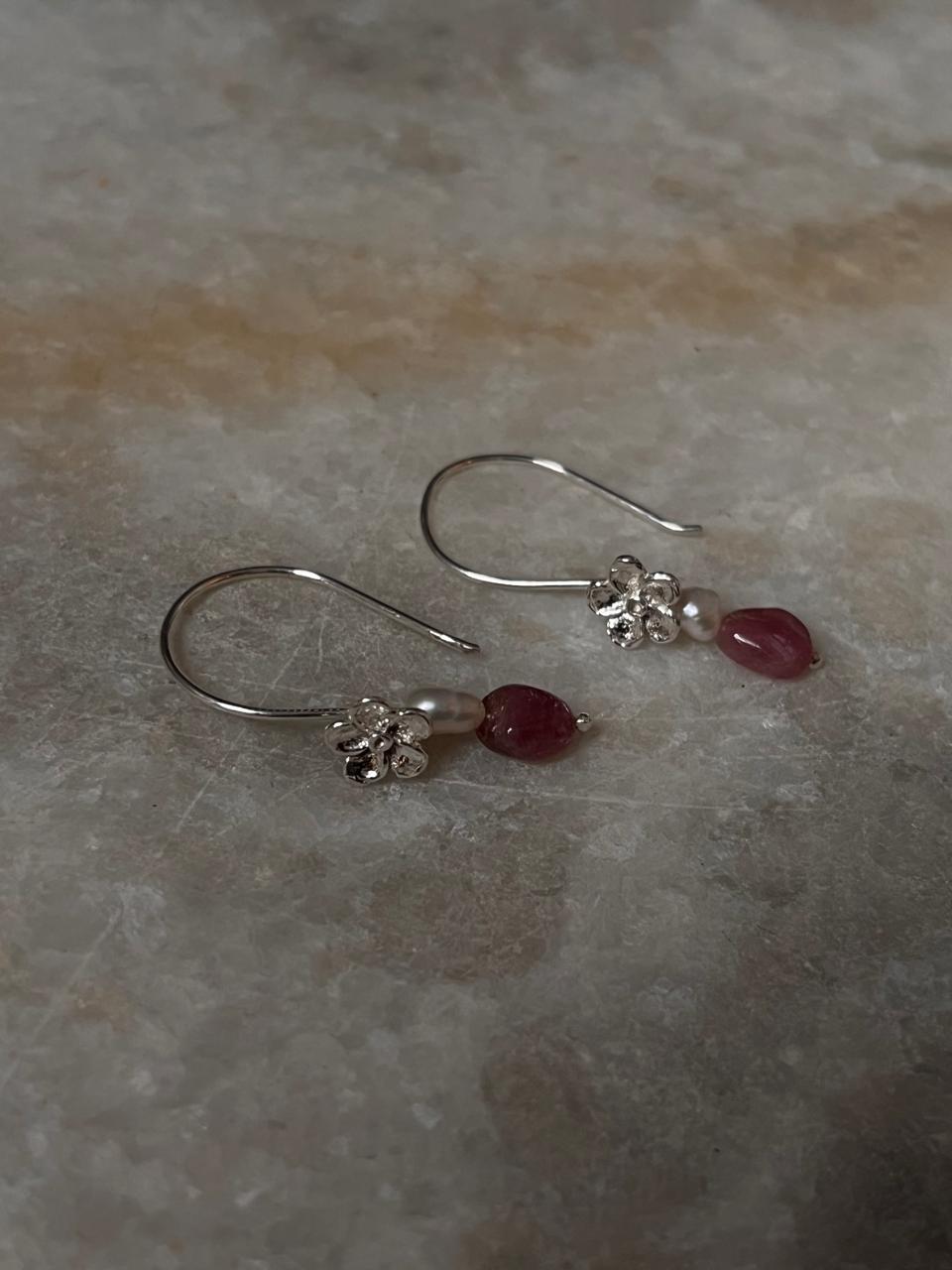 Floral design silver earrings with pink tourmaline and pearl drops