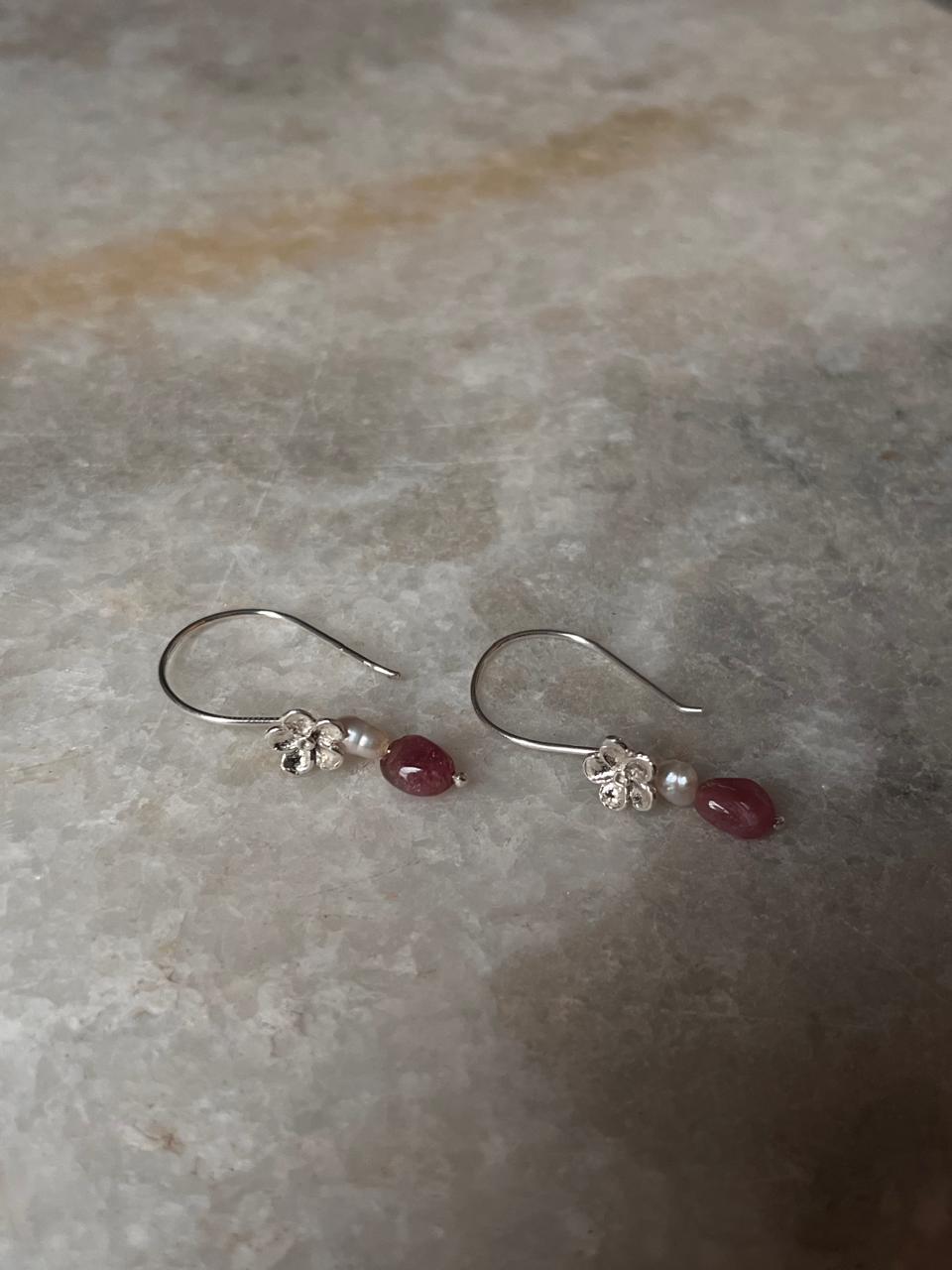 Elegant hook earrings with pink tourmaline and freshwater pearls  