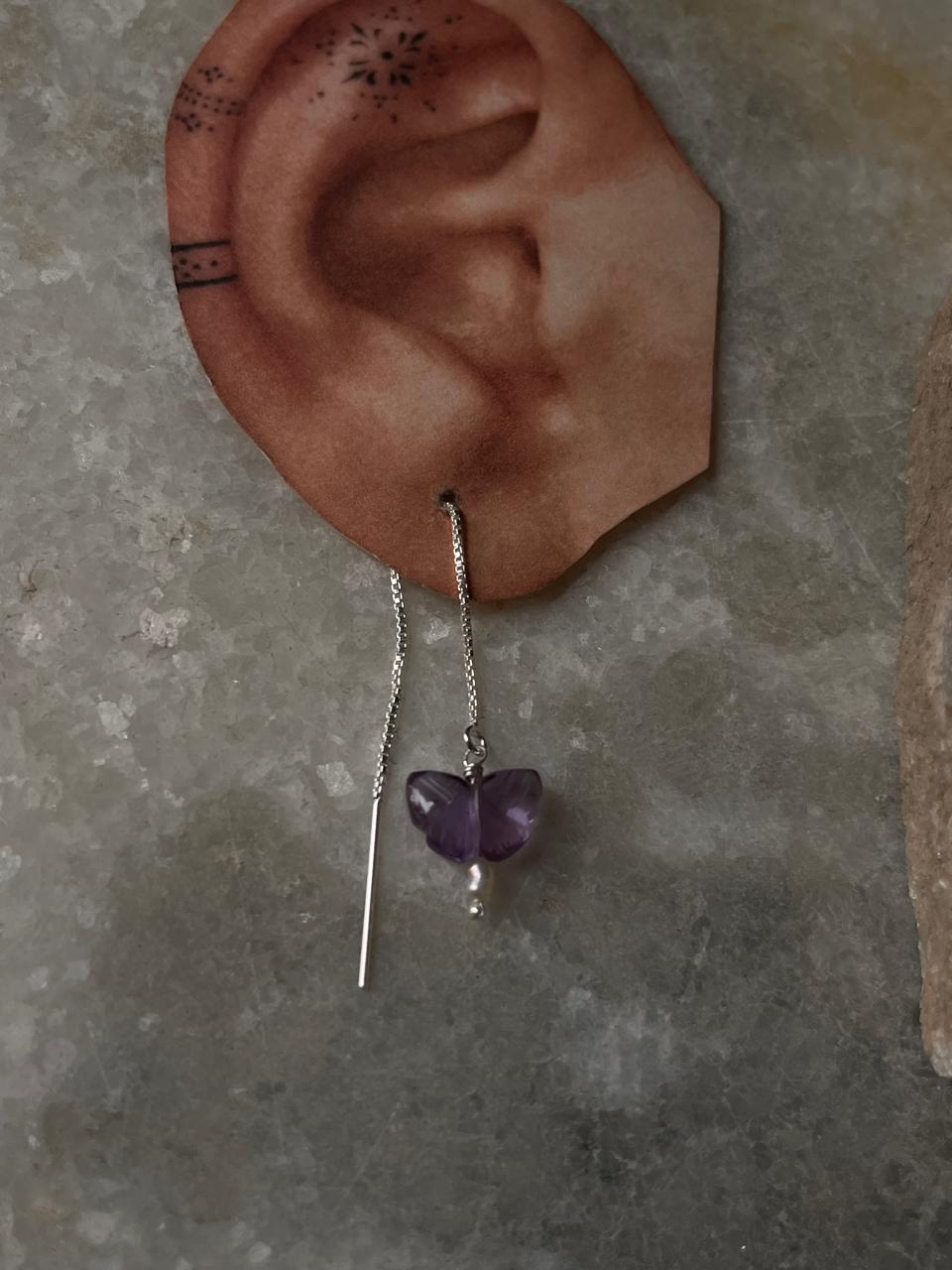  Minimalist threader earrings in 925 silver with butterfly and pearl  
