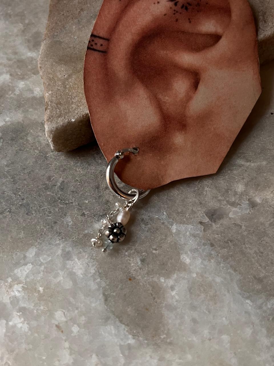 Versatile silver hoops with aquamarine, pearl, and floral charms