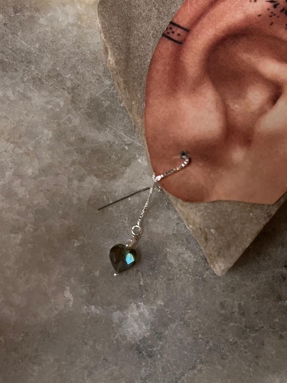 Sterling silver Sui Dhaga earrings with labradorite heart and pearls  