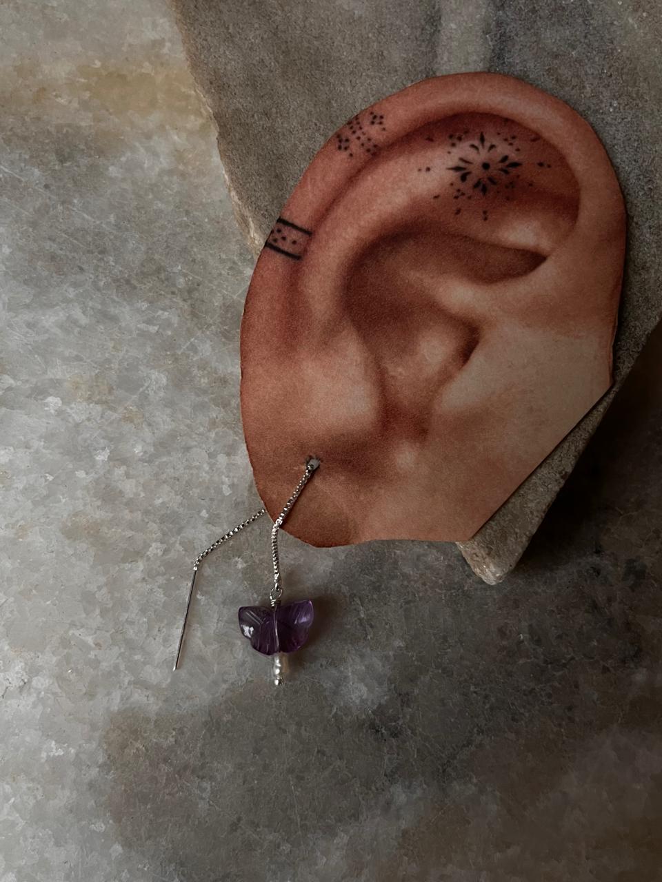 Delicate Sui Dhaga earrings with amethyst butterfly and pearl drop