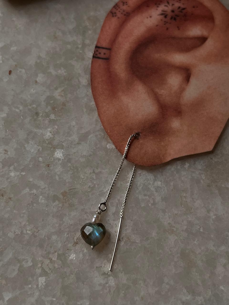 Elegant labradorite heart and pearl dangle earrings in silver  