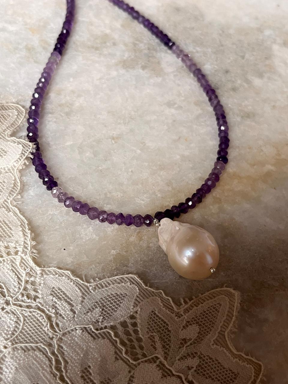 Unique baroque pearl and amethyst gemstone choker necklace